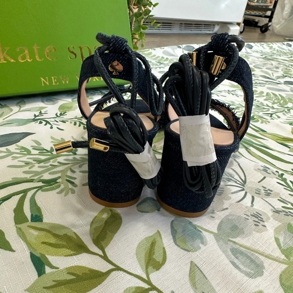 New Kate Spade Embroidered Denim Ankle Tie Block Heels Sandals Women’s Size 6